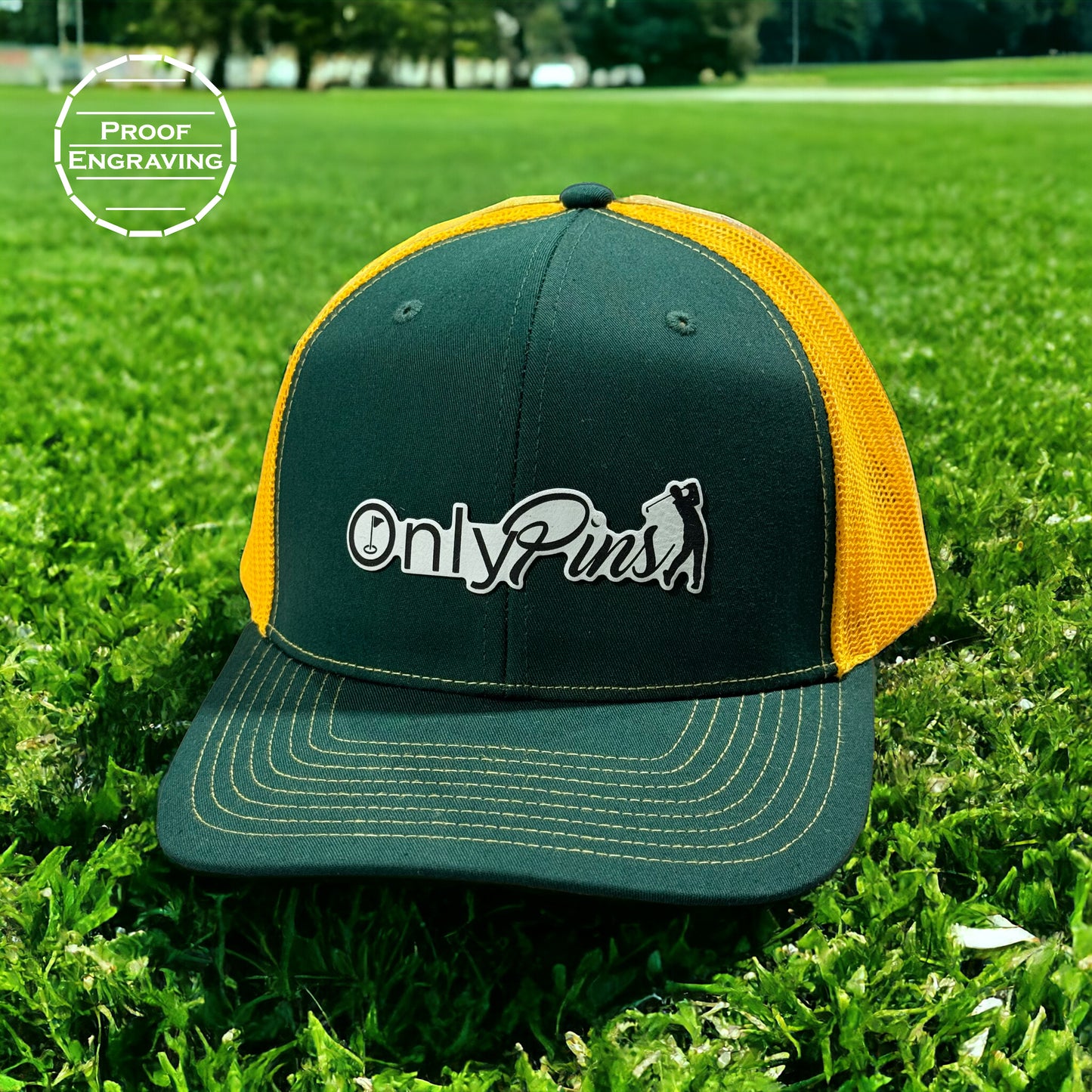 "Only Pins" Trucker Hat - Dark Green/ Gold