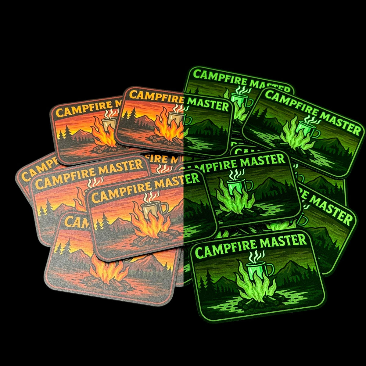 Custom UV printed glow-in-the-dark leatherette hat patches shown in normal light and glowing green