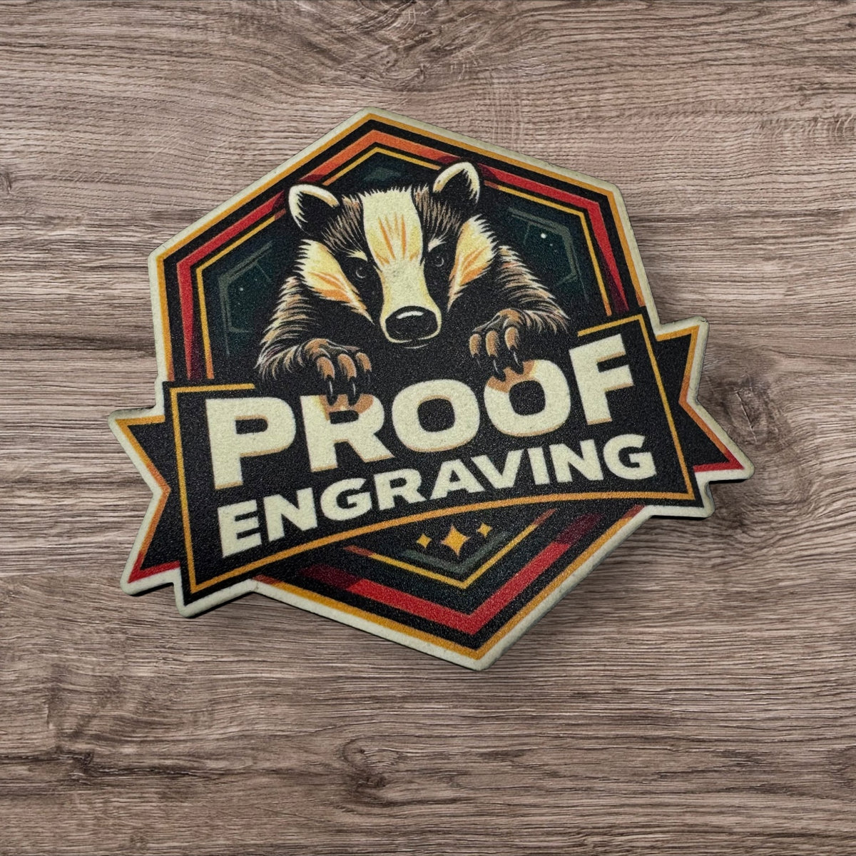 Custom UV printed leatherette Proof Engraving logo patch with badger mascot