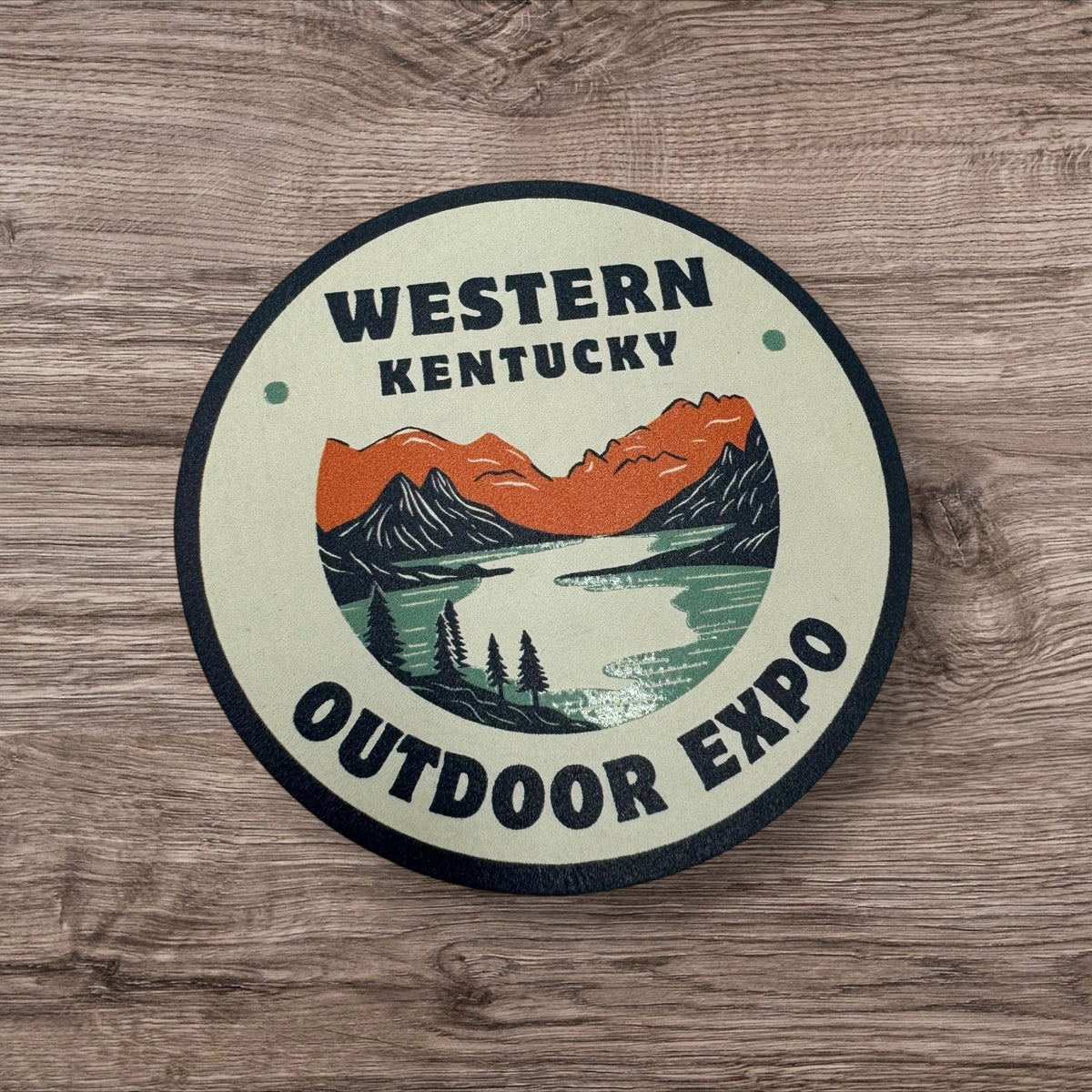Round custom UV printed leatherette patch for Western Kentucky Outdoor Expo